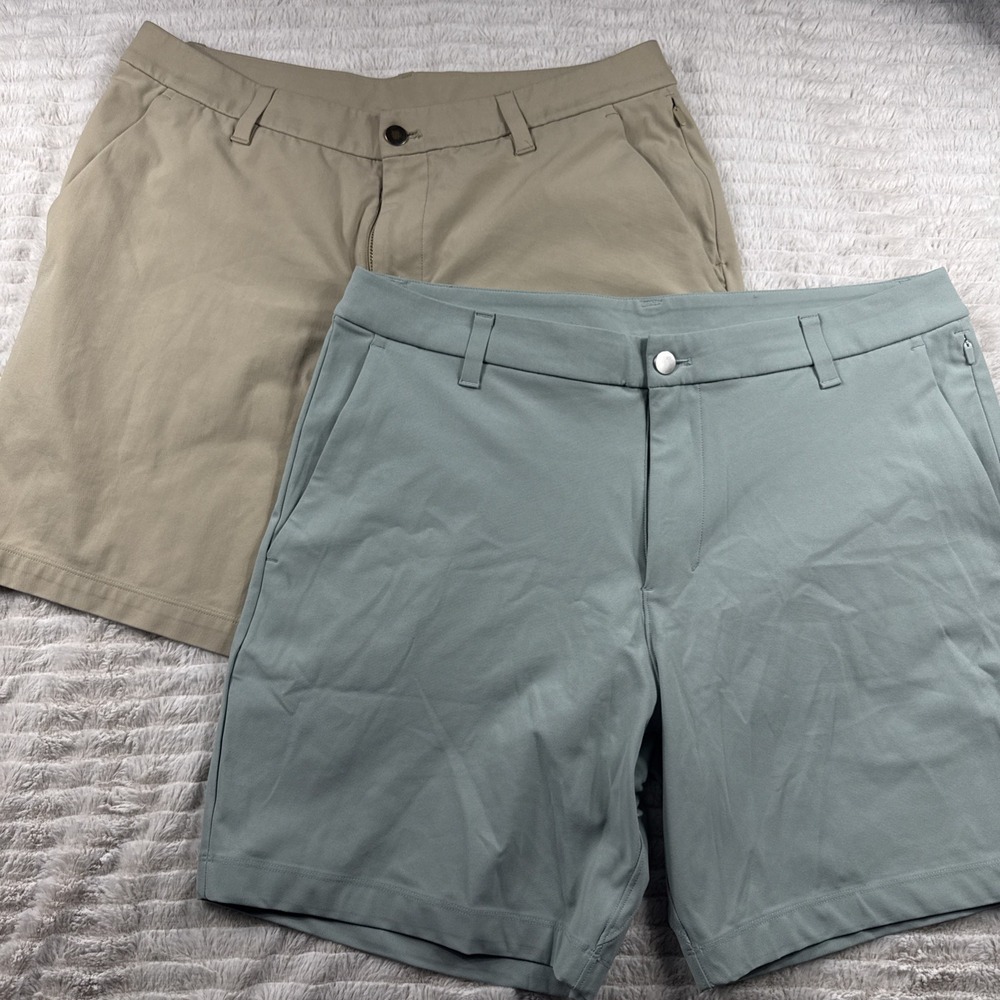 Lululemon Men 34x7" Commission Shorts Tan & Silver/Blue  Lot Of 2 Golf Casual